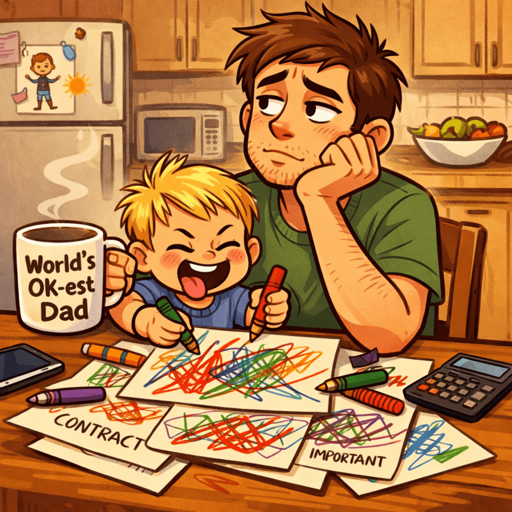 Cartoon dad at kitchen table with toddler - humorous life insurance illustration