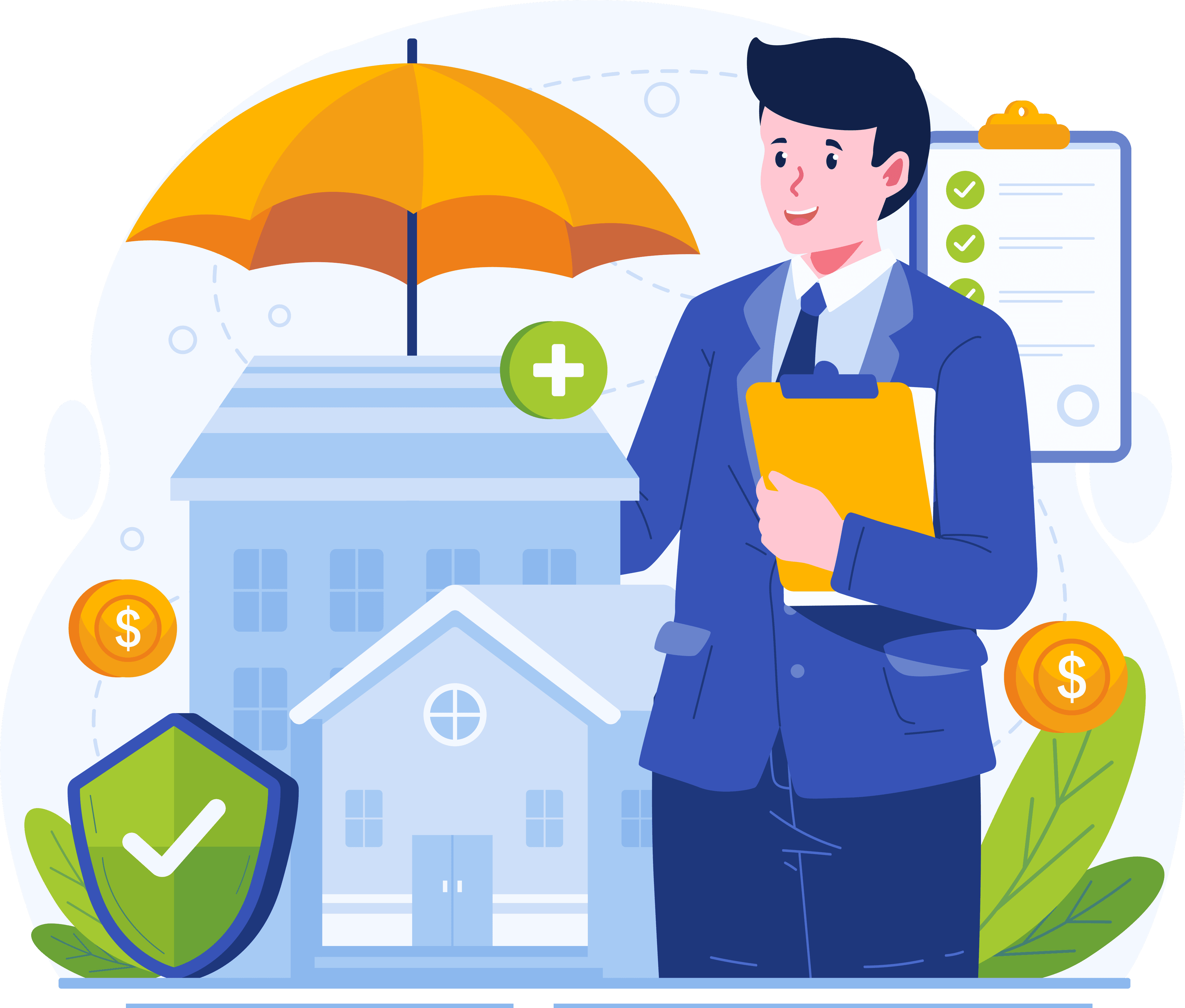 Insurance agent with umbrella protecting a building - renters insurance illustration