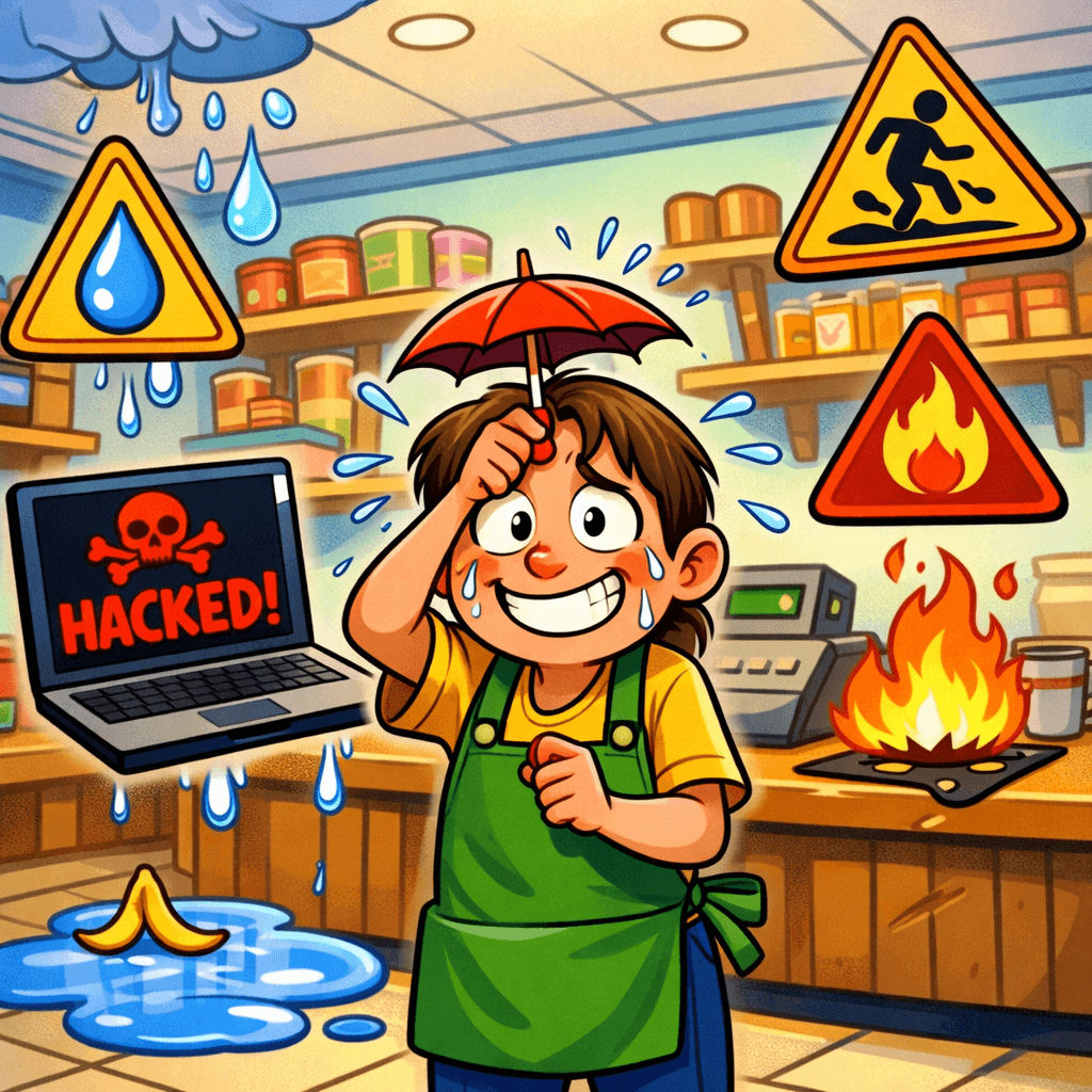 Cartoon of a stressed small business owner surrounded by hazards - humorous insurance illustration